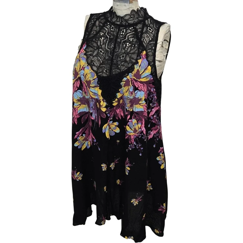 Intimately Free People Voile & Lace‎ Trapeze Slip Dress Black Floral Racerback S